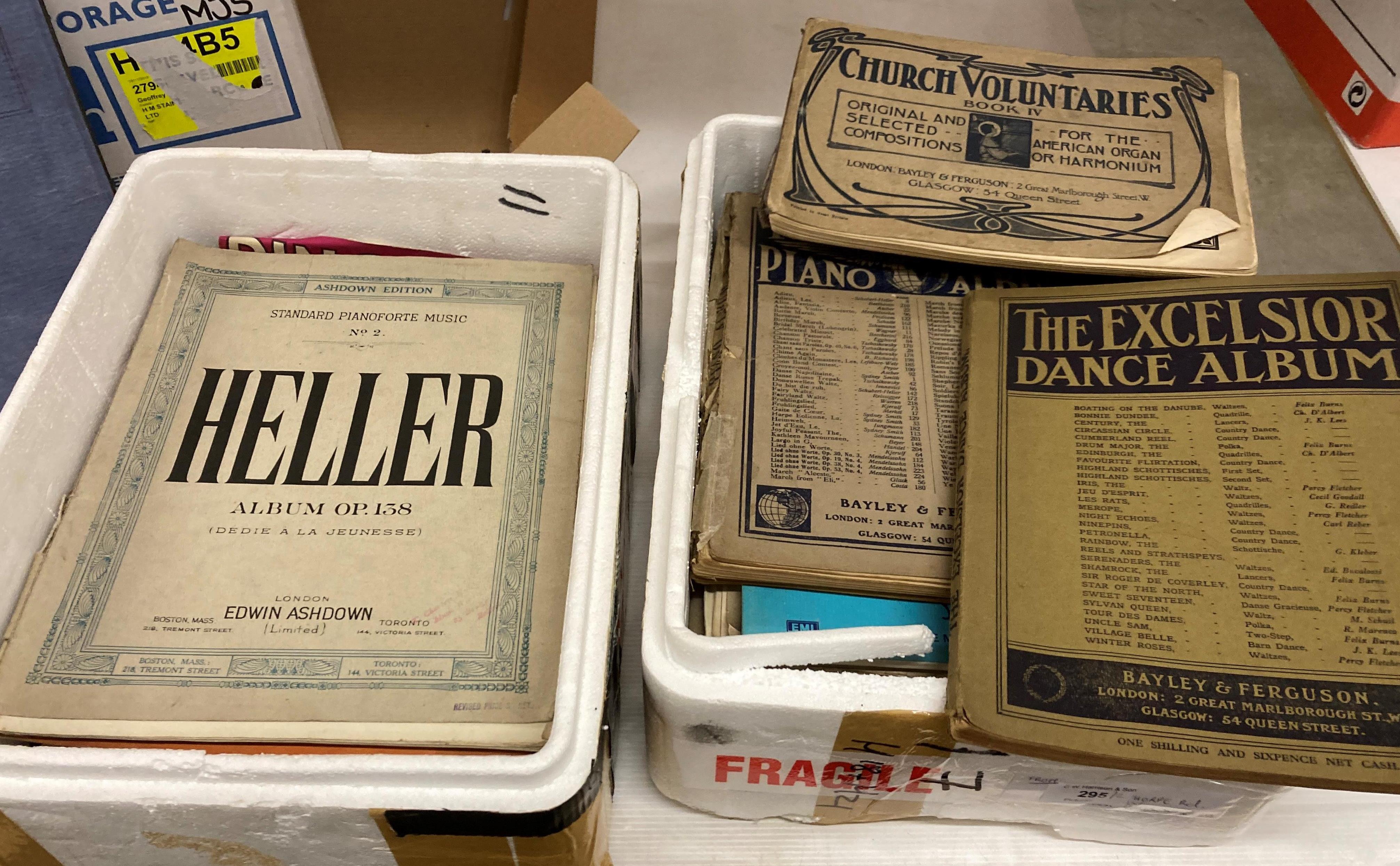 Contents to two polystyrene crates - music books and an empty postcard album (Saleroom location: