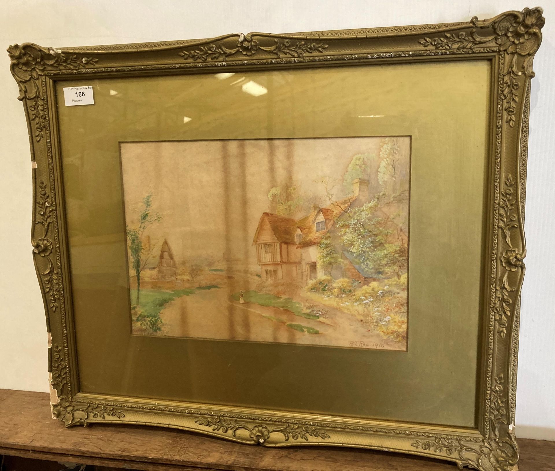 RT Rea (1910) watercolour in ornate gilt frame (with damage) 'Girl on a Country Lane' 25cm x 33cm,