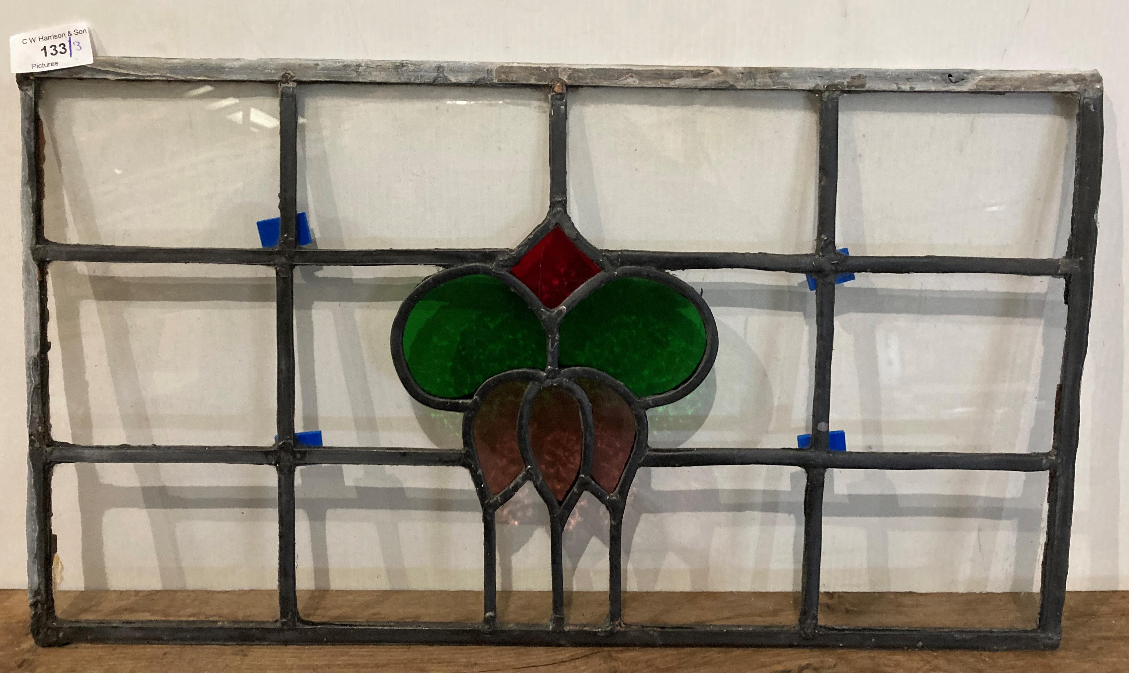 Three leaded and stained glass window sections, two 32cm x 54cm, - Image 2 of 9