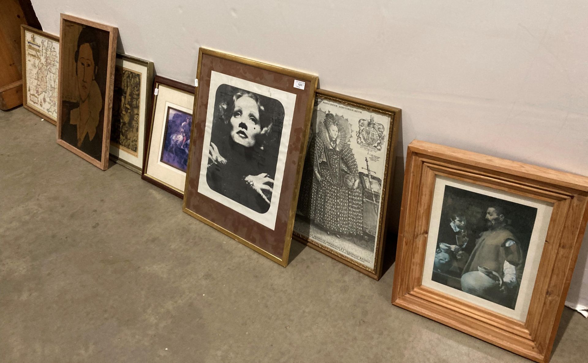 Seven various framed pictures and prints including a Modigliani,