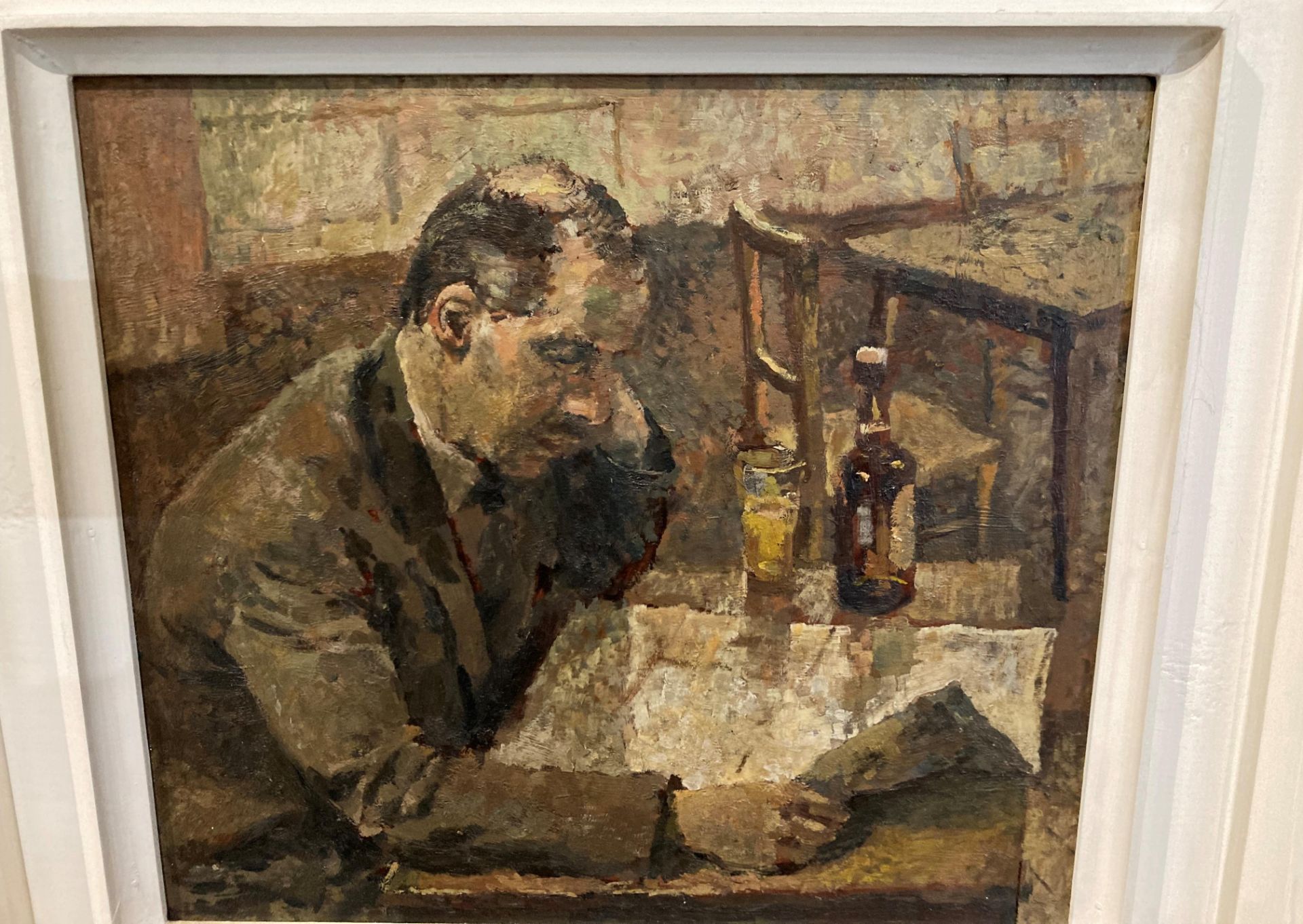 Unsigned, framed oil on board 'Man reading a newspaper in a pub', - Image 2 of 13