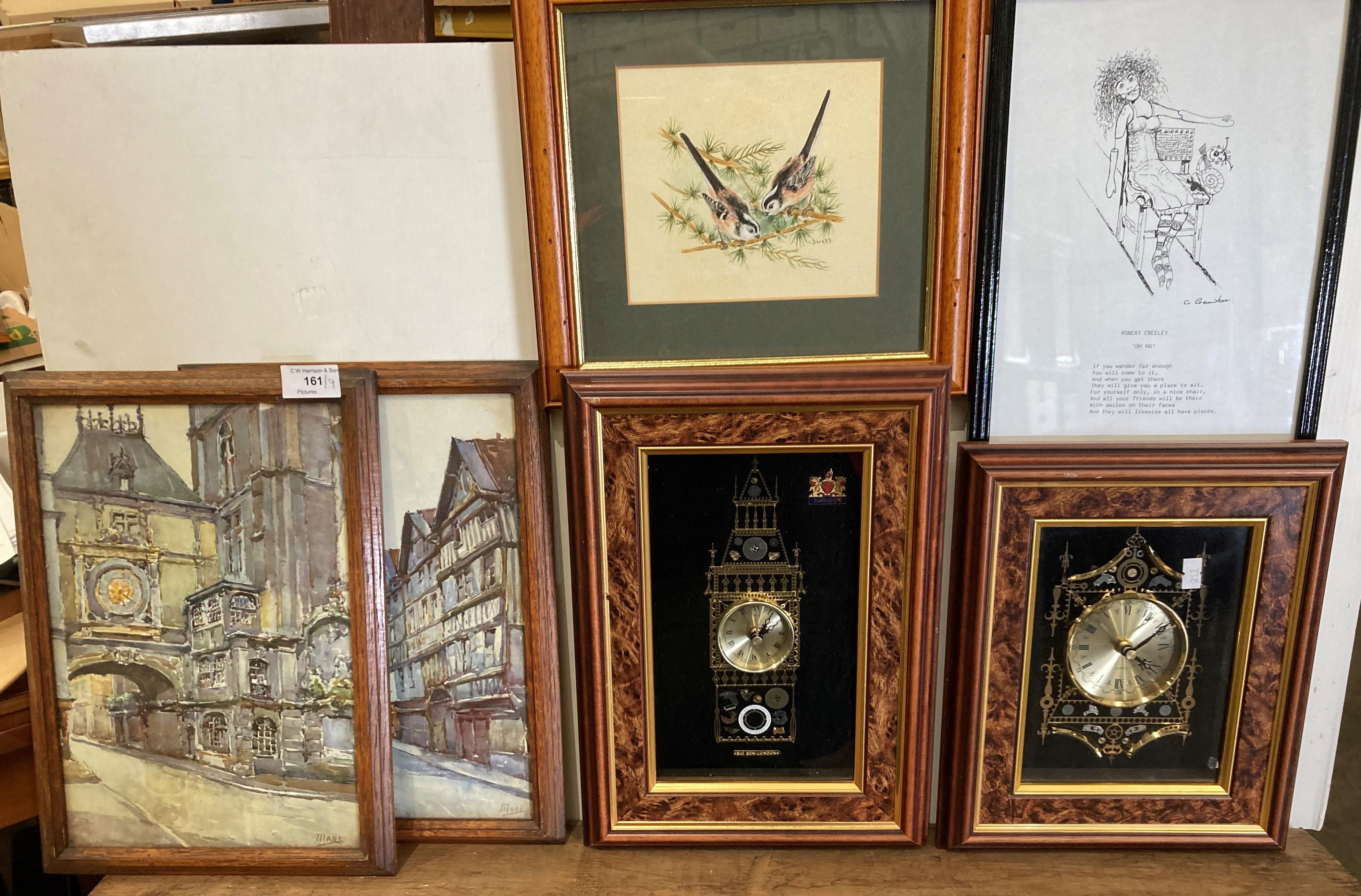 Contents to basket - two battery wall clocks and seven assorted pictures and prints (9) (Saleroom