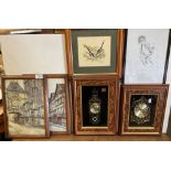 Contents to basket - two battery wall clocks and seven assorted pictures and prints (9) (Saleroom