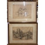 R Dowell two framed pencil sketches 'The Original Clothing Warehouse' 30cm x 40cm,