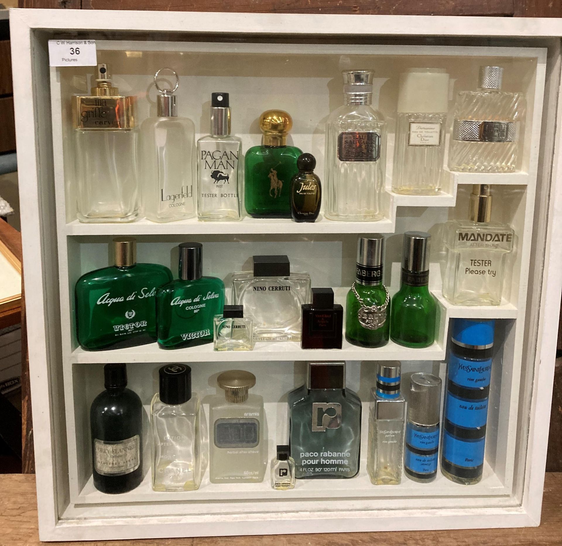 Norman Eastwood (1935-2022), two white painted wood frame perfume/aftershave bottle displays,