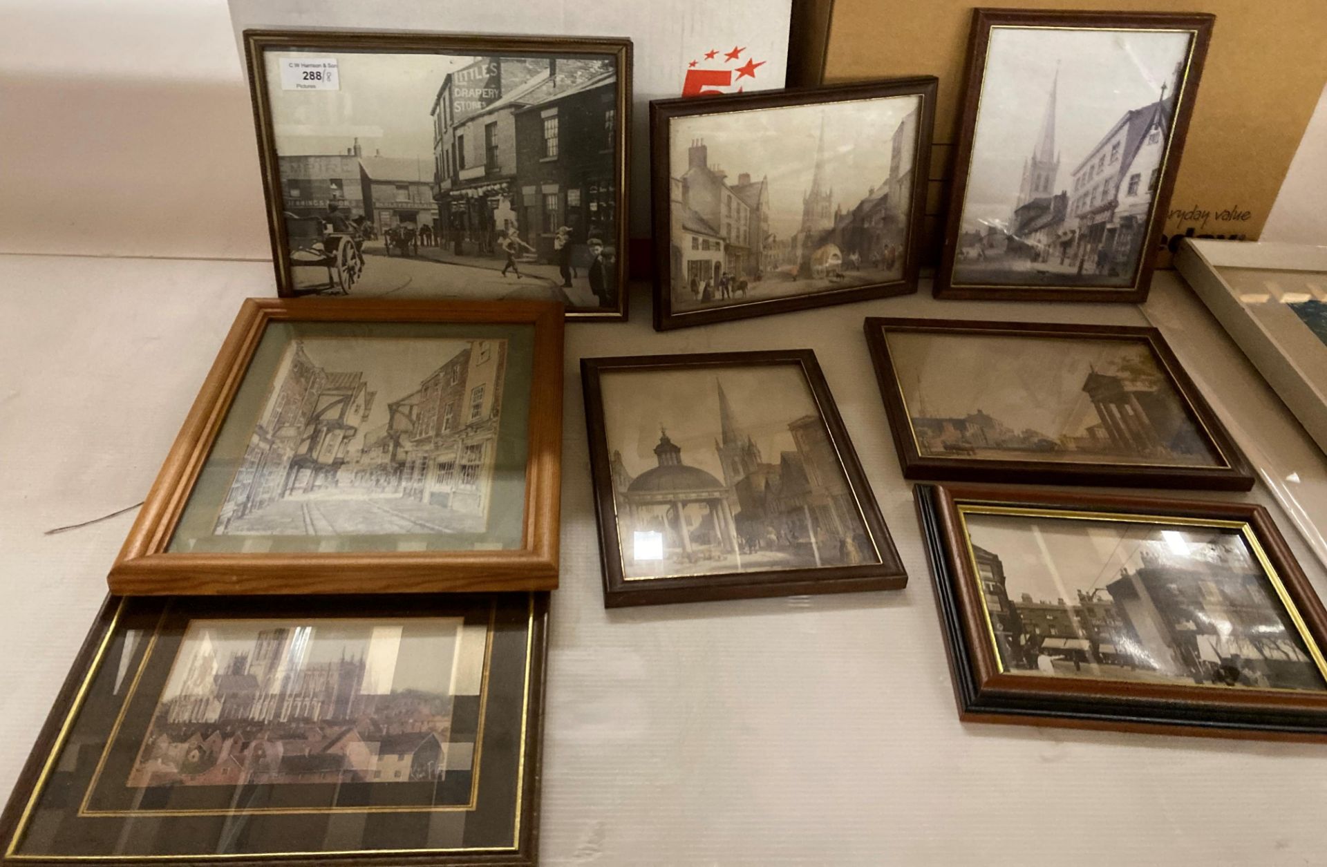Nine small framed pictures and prints of Wakefield and York scenes (Saleroom location: G08)