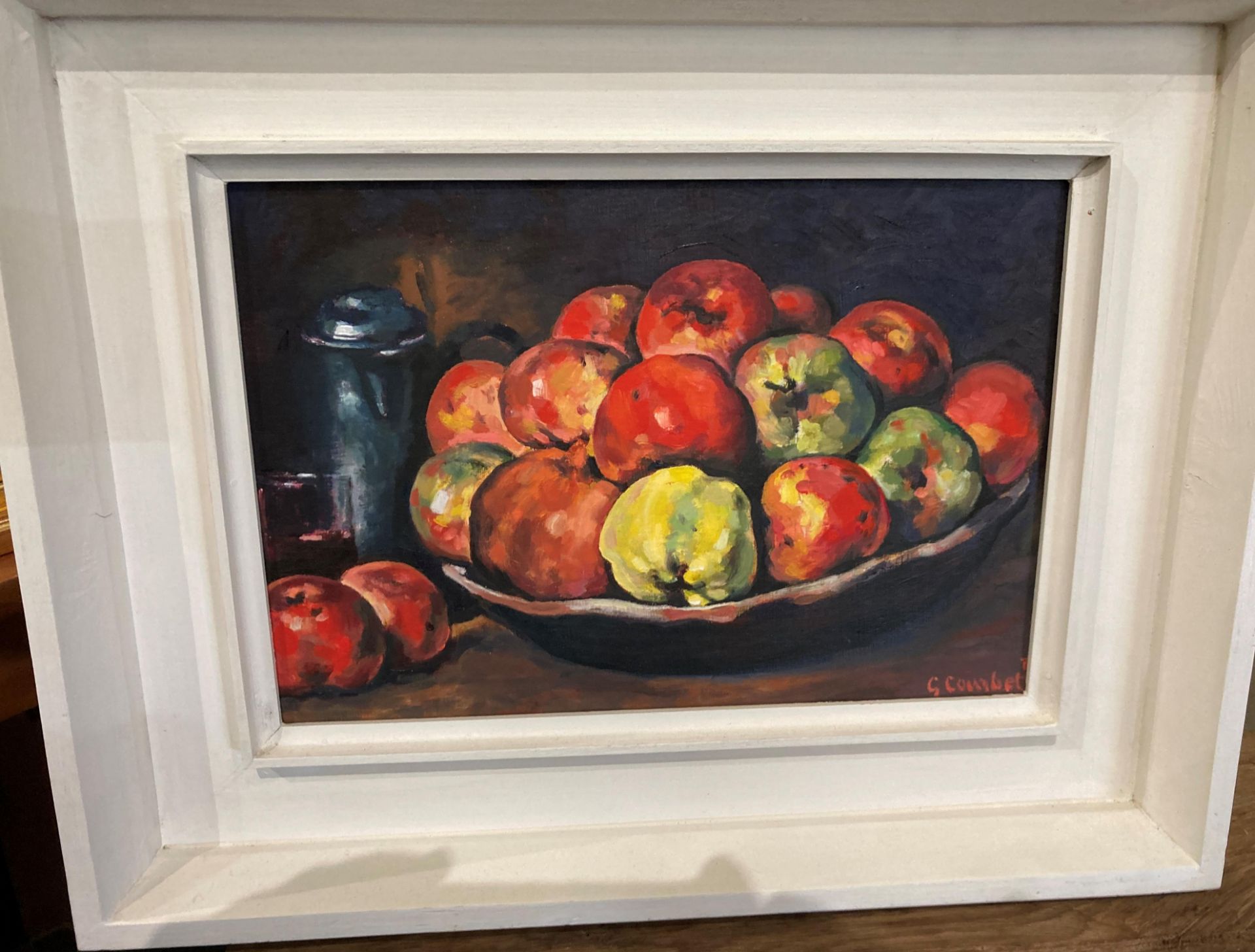 Copy of Gustav Courbet's 'Still Life with Apples and a Pomegranate', framed oil on board,