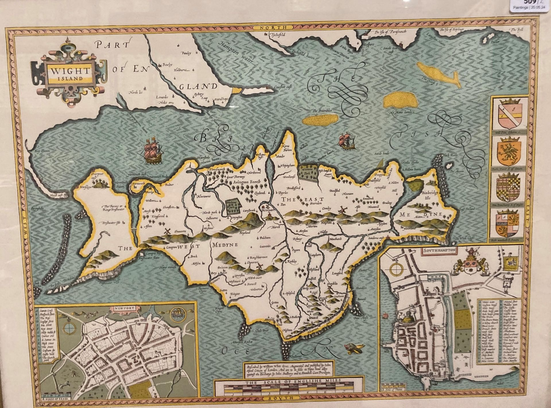 John Speede (1552-1629) framed reproduction map 'Wight Island' 38cm x 50cm and another 'Sussex'