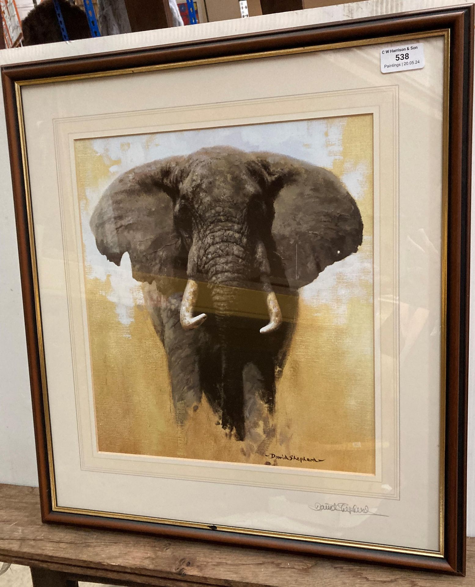 † David Shepherd (1931-2017) framed print of an elephant 36cm x 32cm,