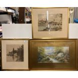 Gilt framed watercolour 'Countryside Scene' 21cm x 36cm and two framed continental river/tarn scene,