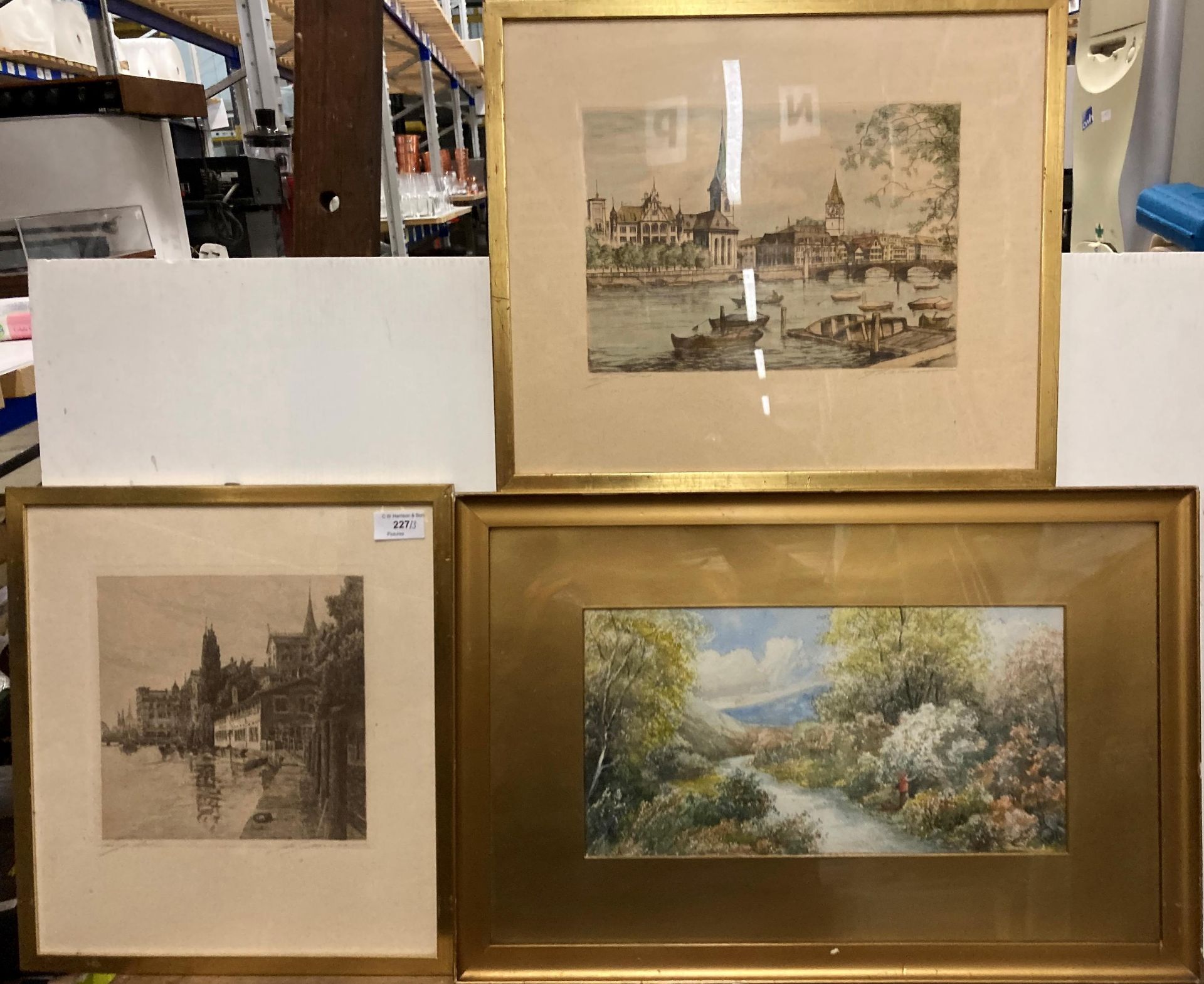 Gilt framed watercolour 'Countryside Scene' 21cm x 36cm and two framed continental river/tarn scene,