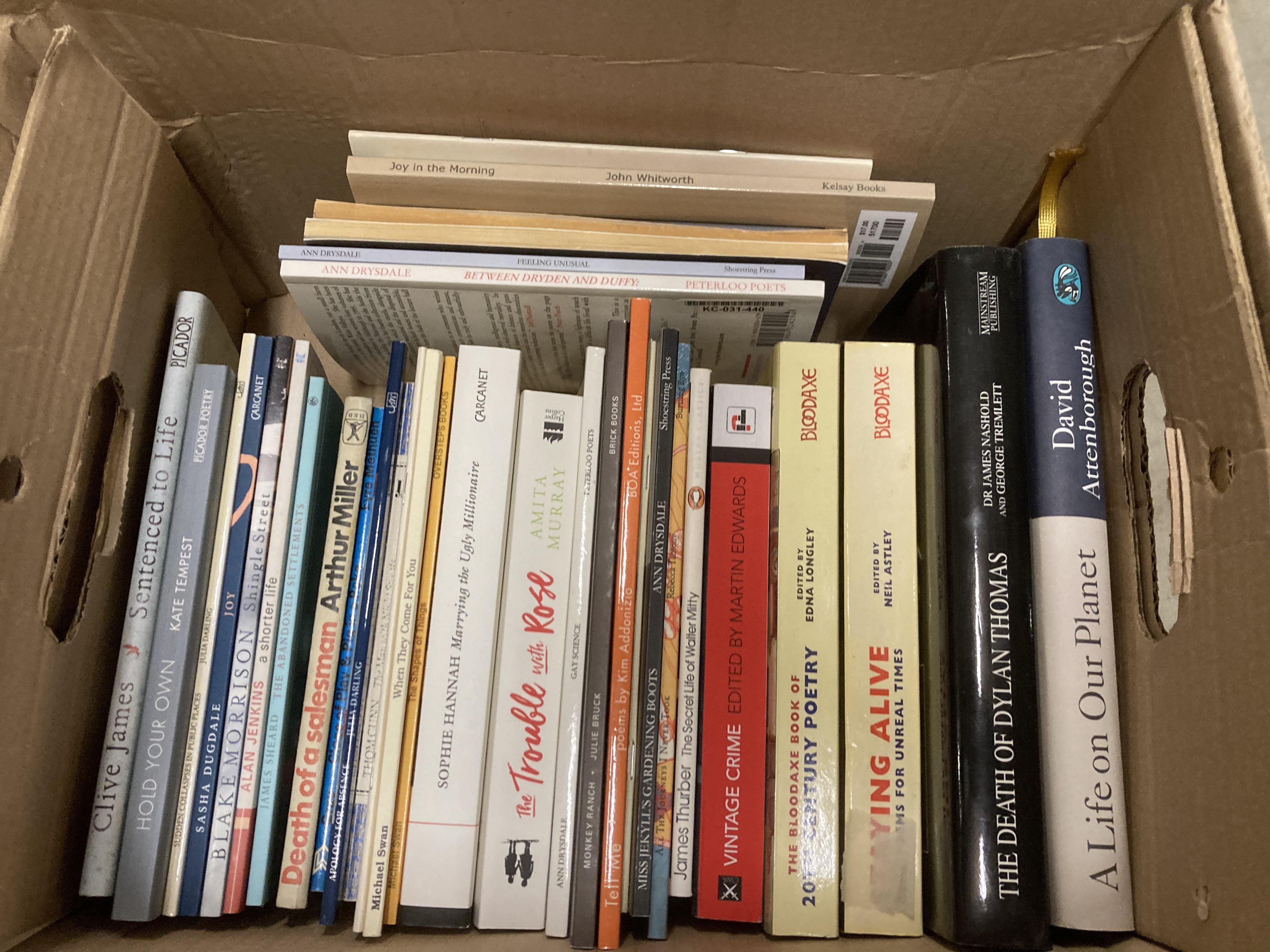 Contents to box - thirty-two books on poetry, crime, novels,