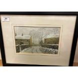 David Rugg framed watercolour 'Snow Down a Blind Lane, Shadwell' 18cm x 28cm,