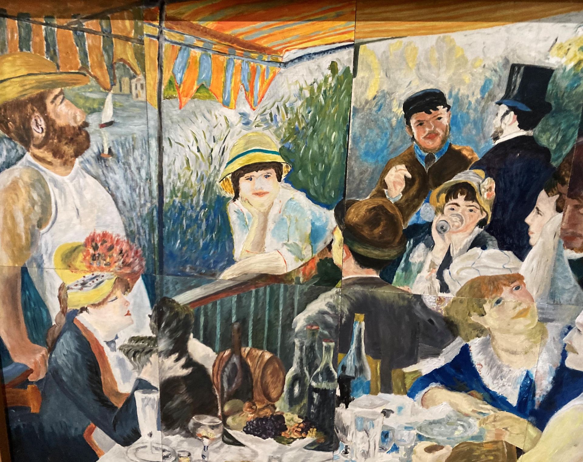 Oil on eight boards, a copy of Renoir's 'The Boating Party', not signed, in lightwood frame, - Image 2 of 3