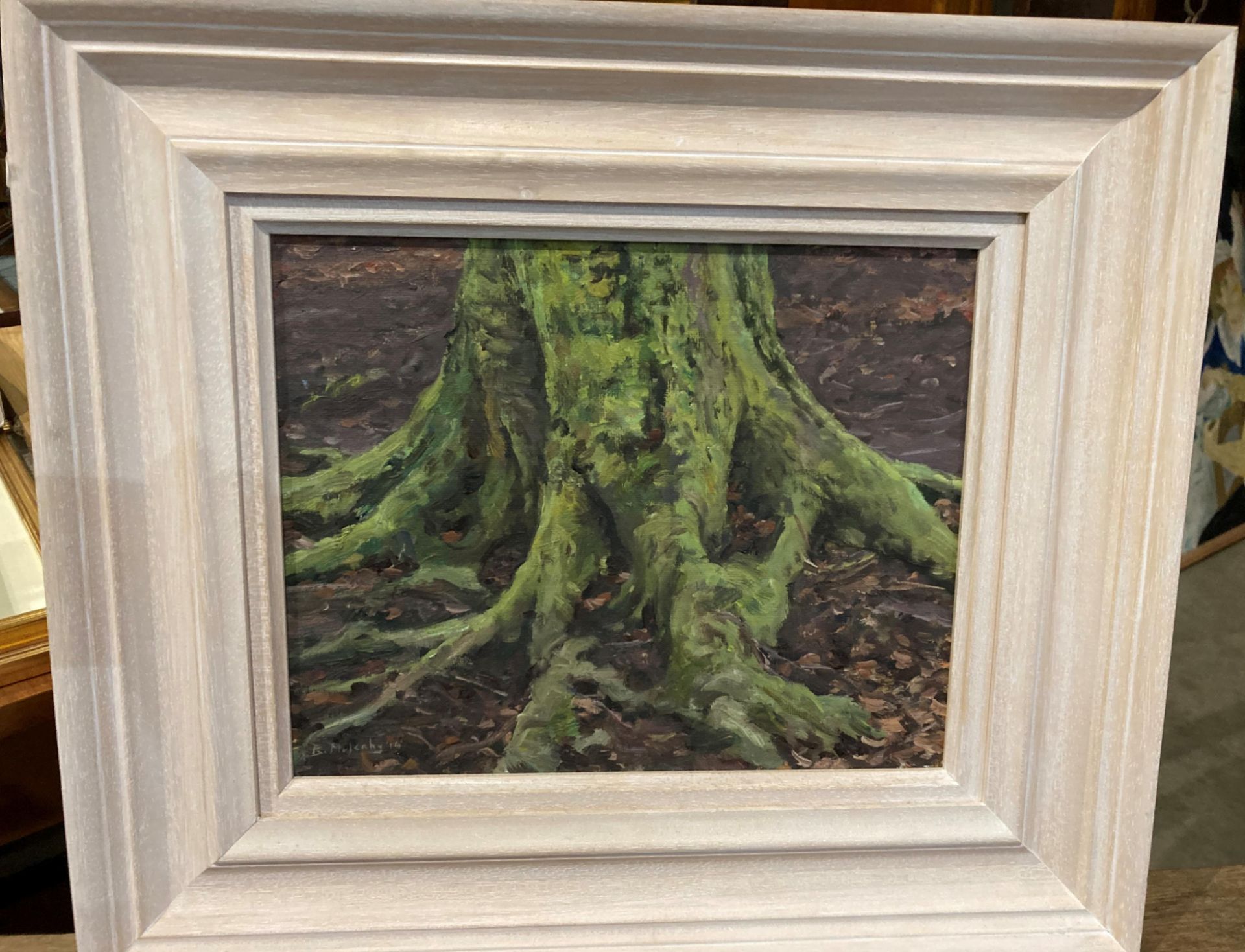 † Bruce Mulcahy '14, 'Tree Base - Hopton Woods', framed oil on board, 24cm x 29cm,