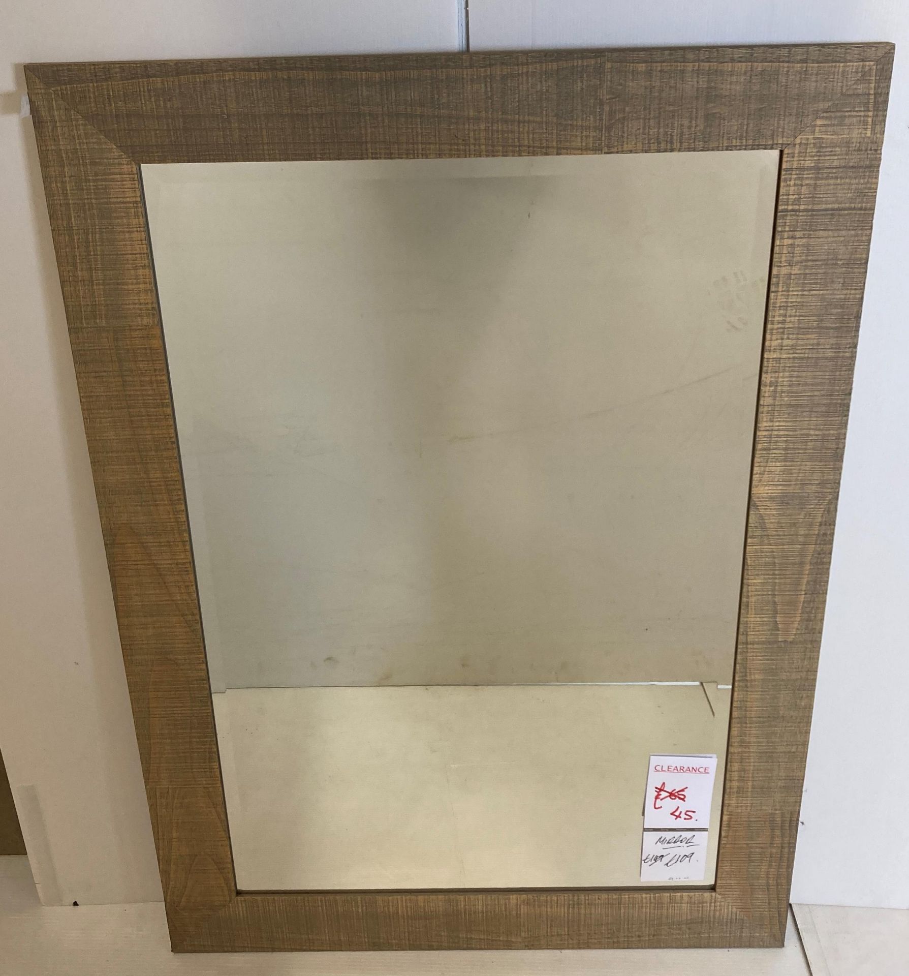 Rectangular bevelled edge wall mirror in grey wood surround,