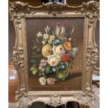 † F P Triebner gilt framed oil on board 'Antique Flowers' 40cm x 30cm signed to bottom right with