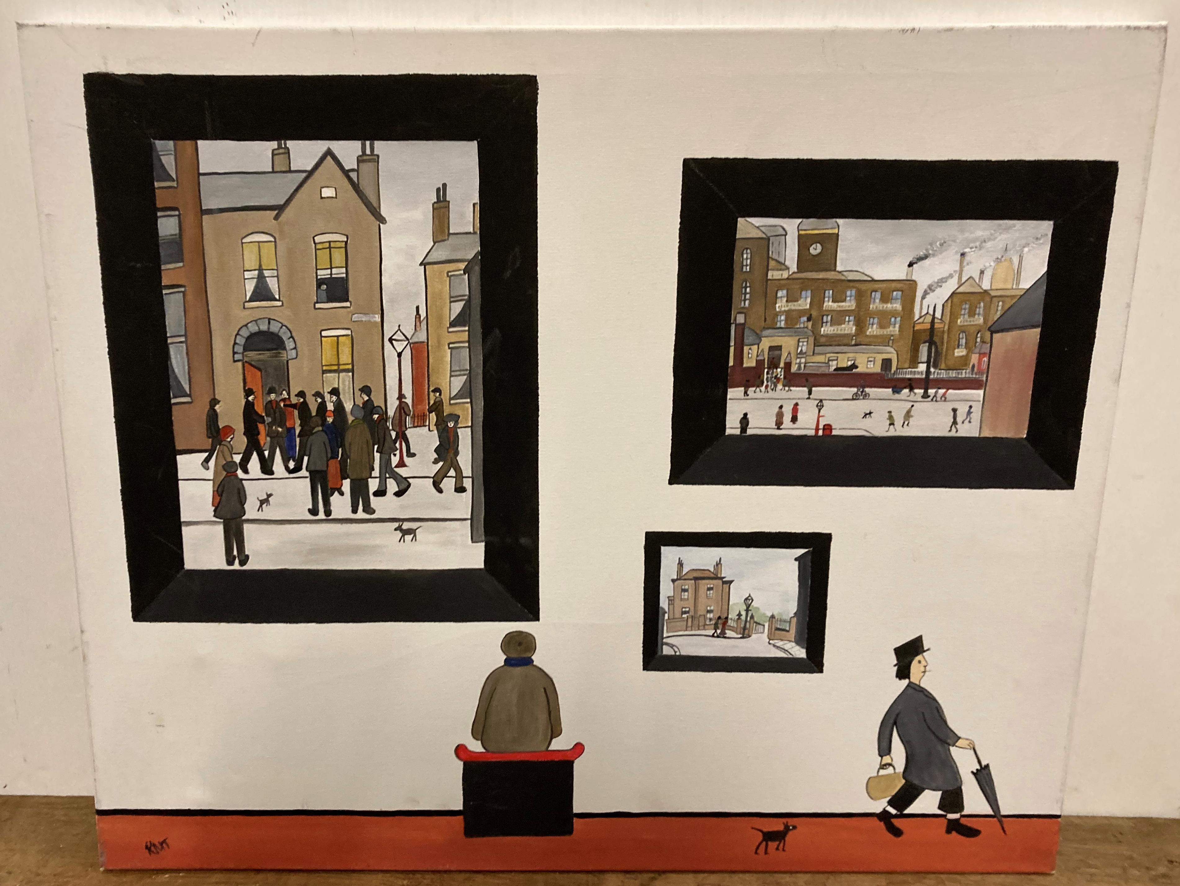 † RMT oil on canvas 'A Homage to Lowry - People Viewing Lowry's Pictures in a Gallery' 50cm x 60cm