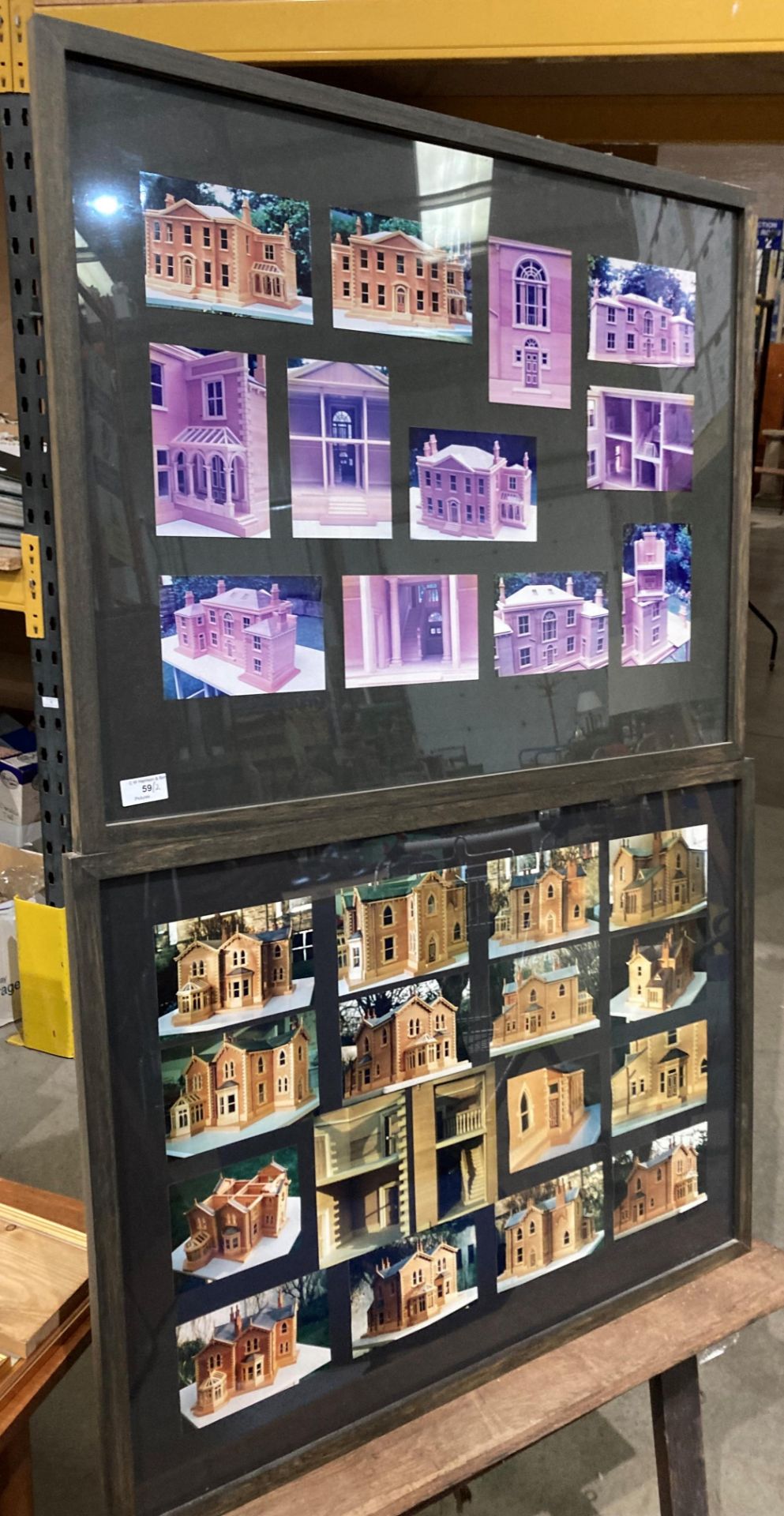 Two framed photo collages of model houses built by Norman Eastwood,