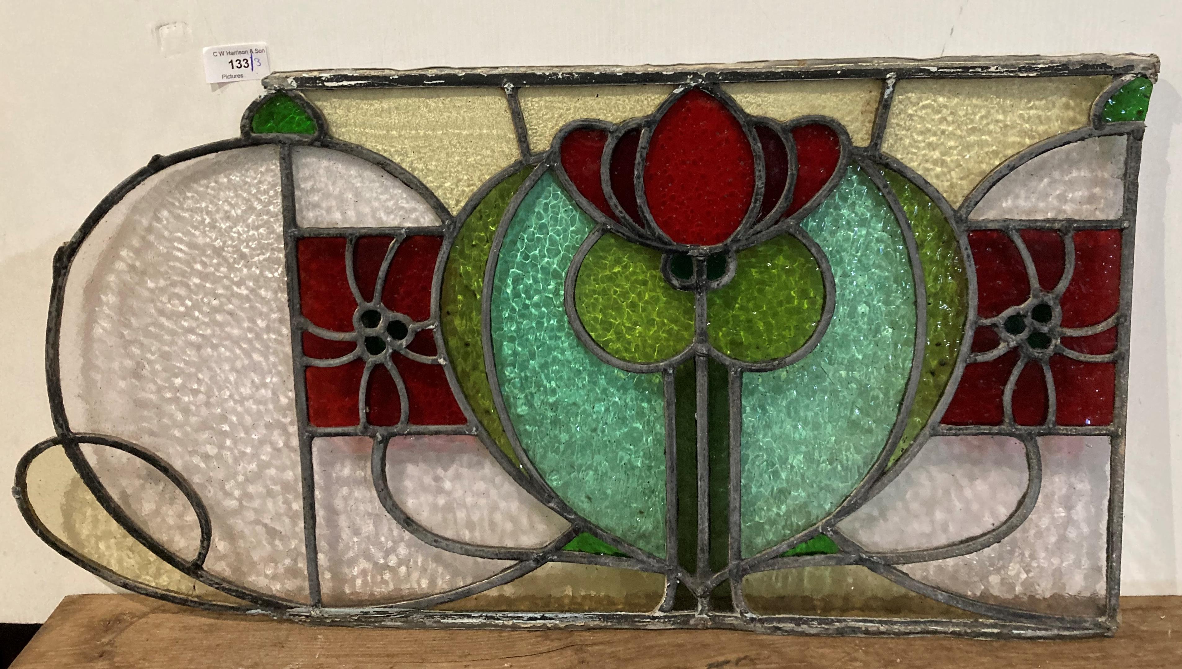 Three leaded and stained glass window sections, two 32cm x 54cm, - Image 4 of 9