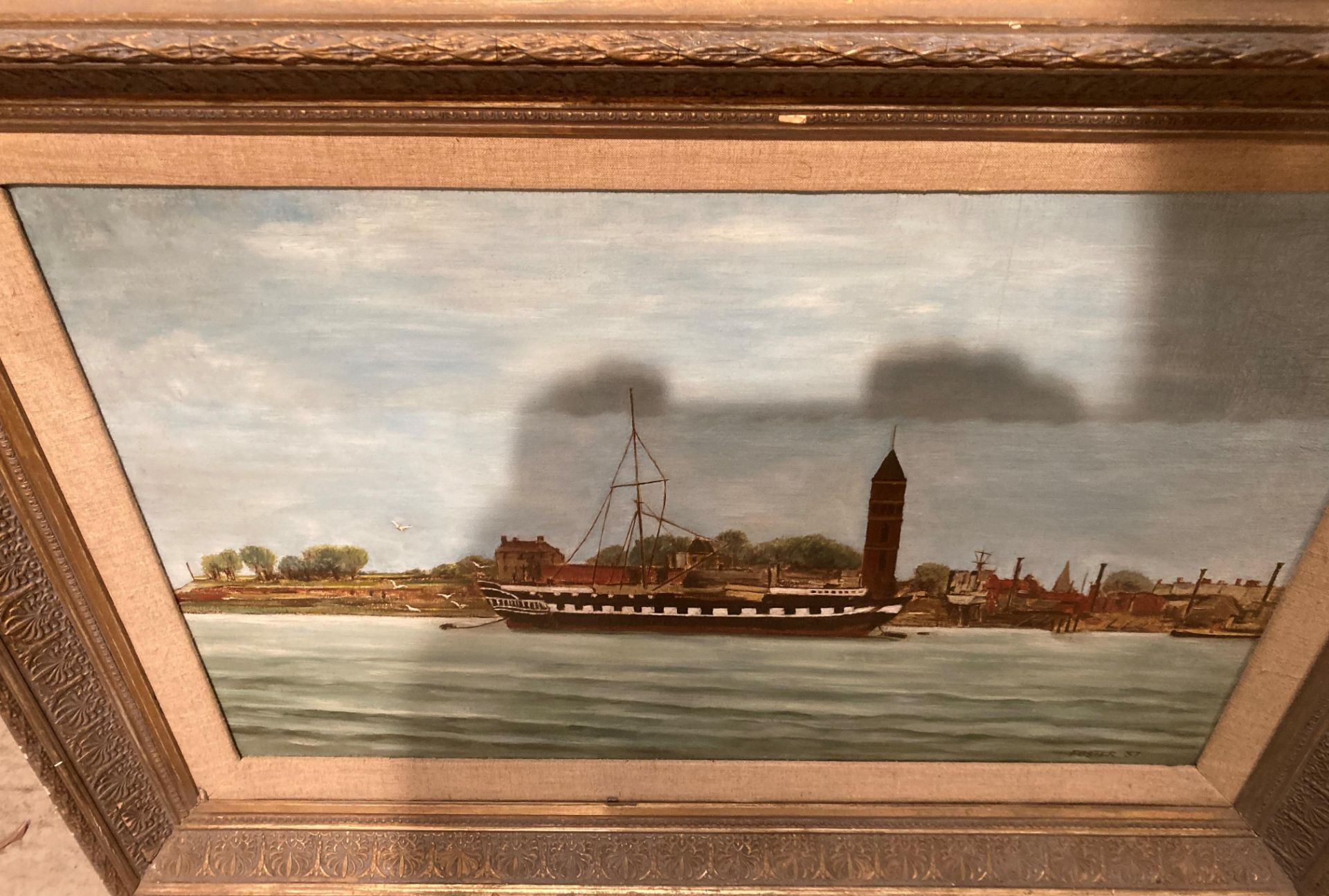 Foster oil on canvas 'HMS Foudroyant Anchored off Gosport' in ornate gilt frame (with damage) - Image 2 of 3
