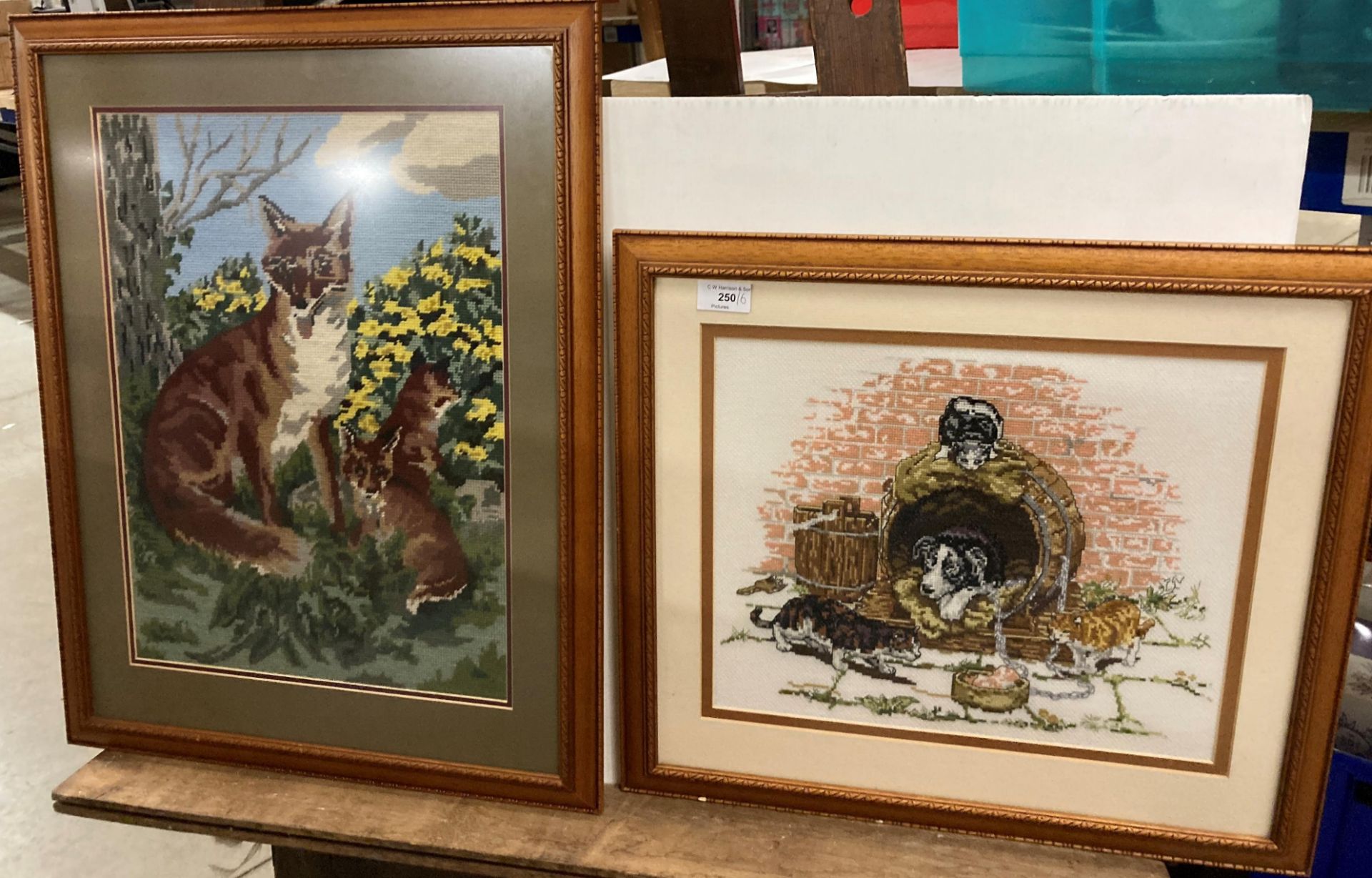 Three large framed tapestry pictures - 'Fox, Dog in Kennel & Pig',