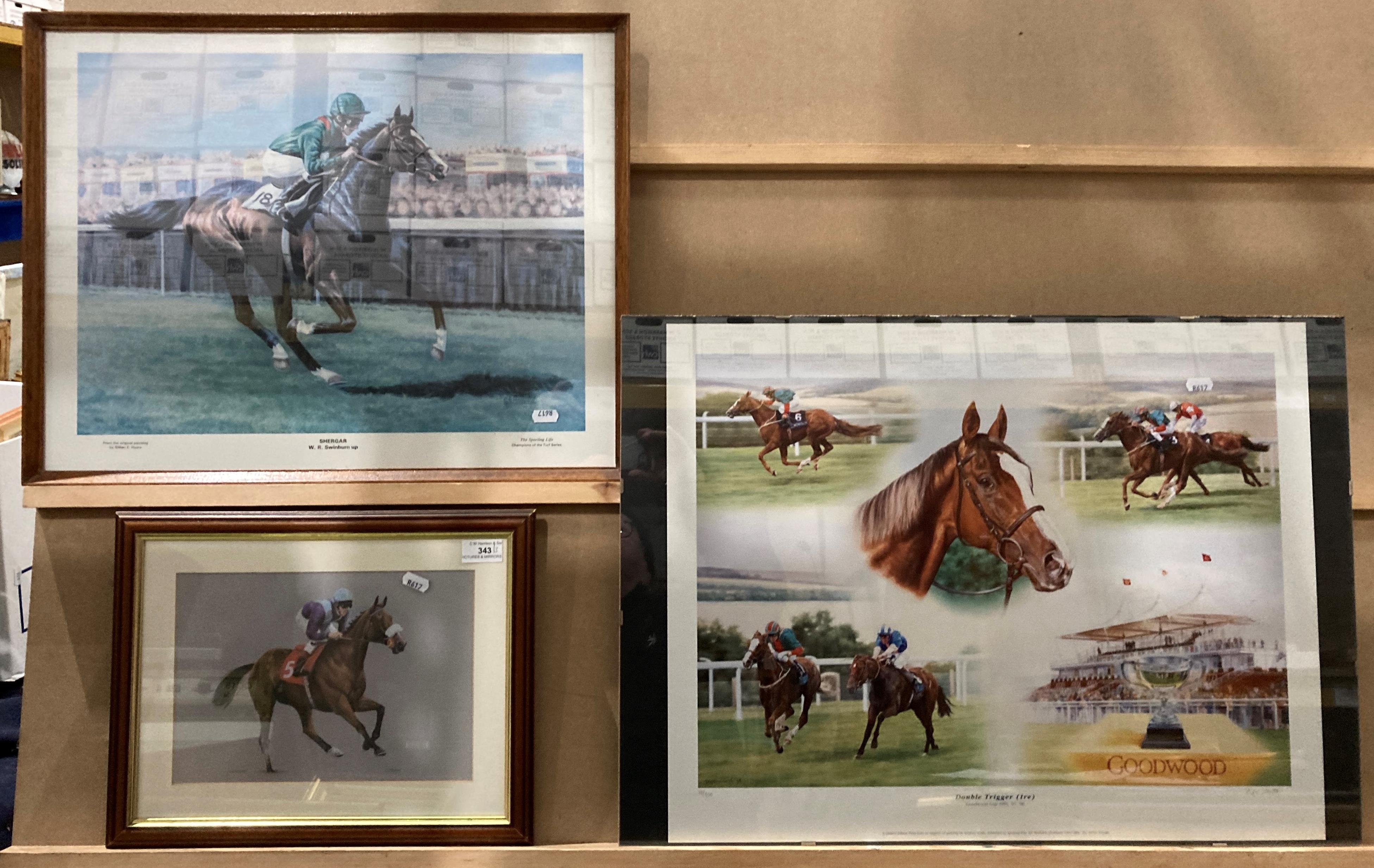 Three racehorse prints, two framed and one in a mount,