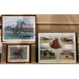 Three racehorse prints, two framed and one in a mount,