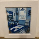 † Dave Coulter framed oil on canvas 'The Blue Room 30cm x 23cm (Saleroom location: F06)