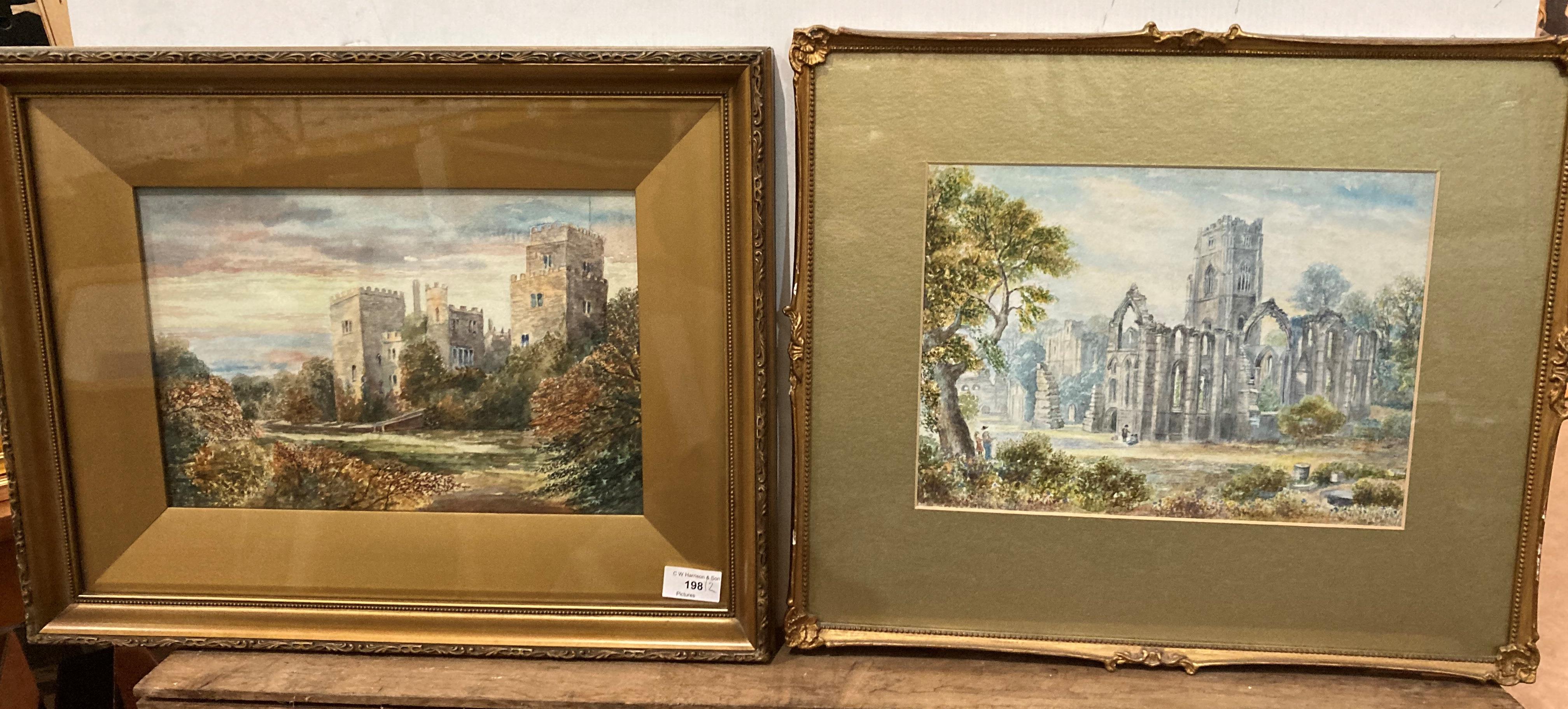 Two unsigned gilt framed watercolours 'Ruined Abbey' 23cm x 30cm and 'Small Castle' 24cm x 32cm