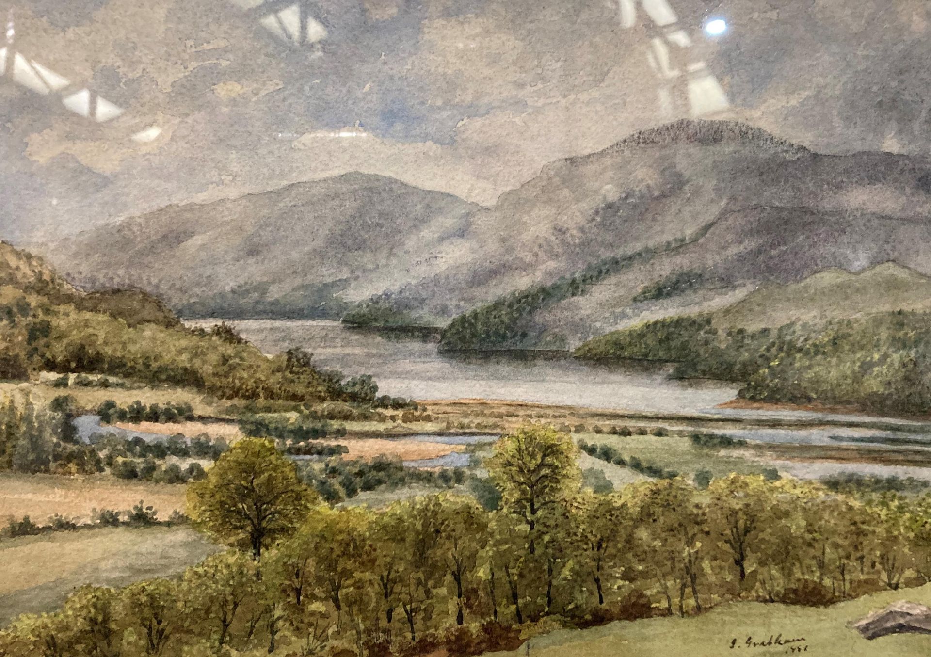 J Grabham? 1951 gilt framed watercolour 'Lake & Mountain Scene' 24cm x 33cm, - Image 2 of 3