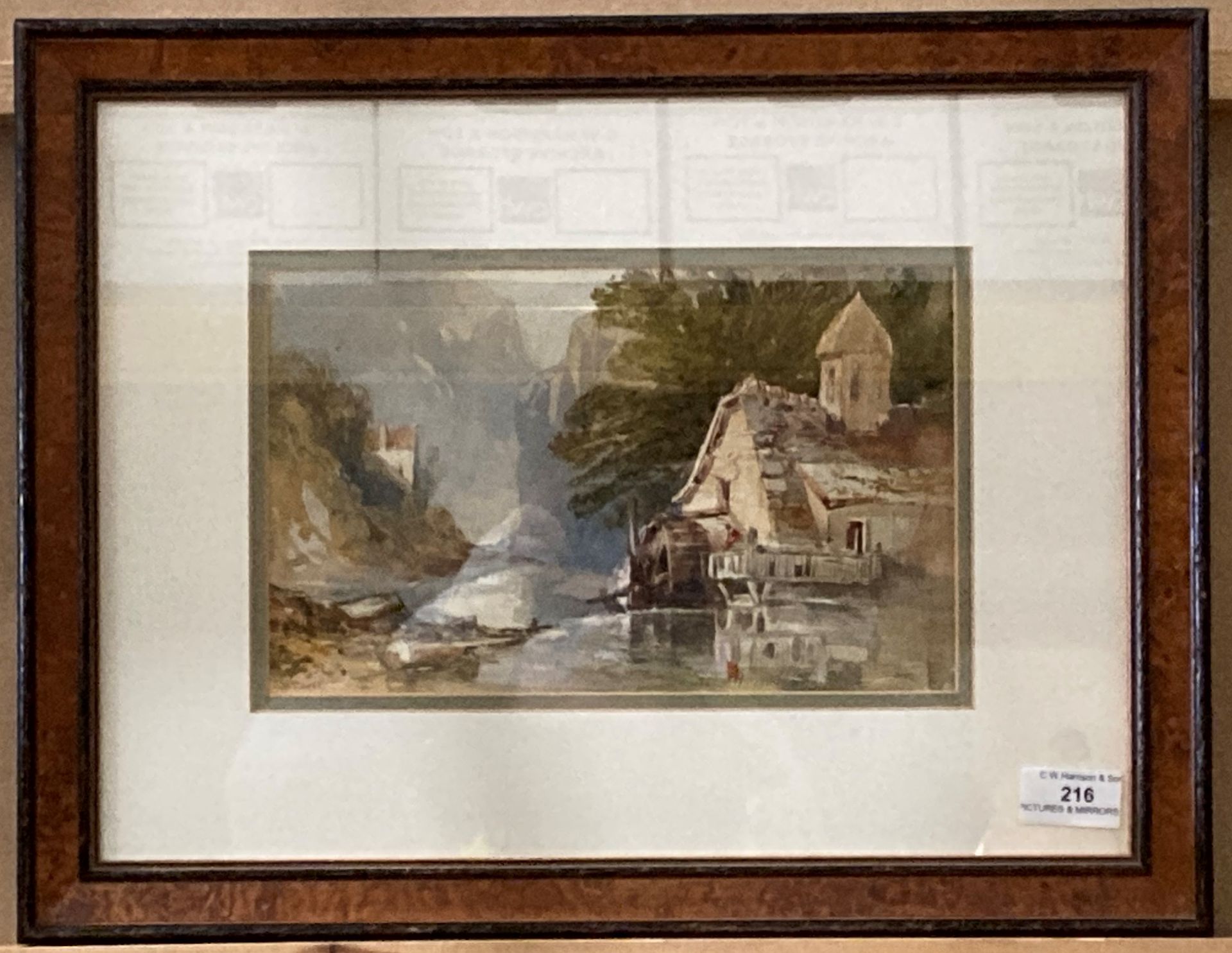 YF Cook, 'Waterwheel with Mountains in background', circa 1900, watercolour, signed to bottom left,