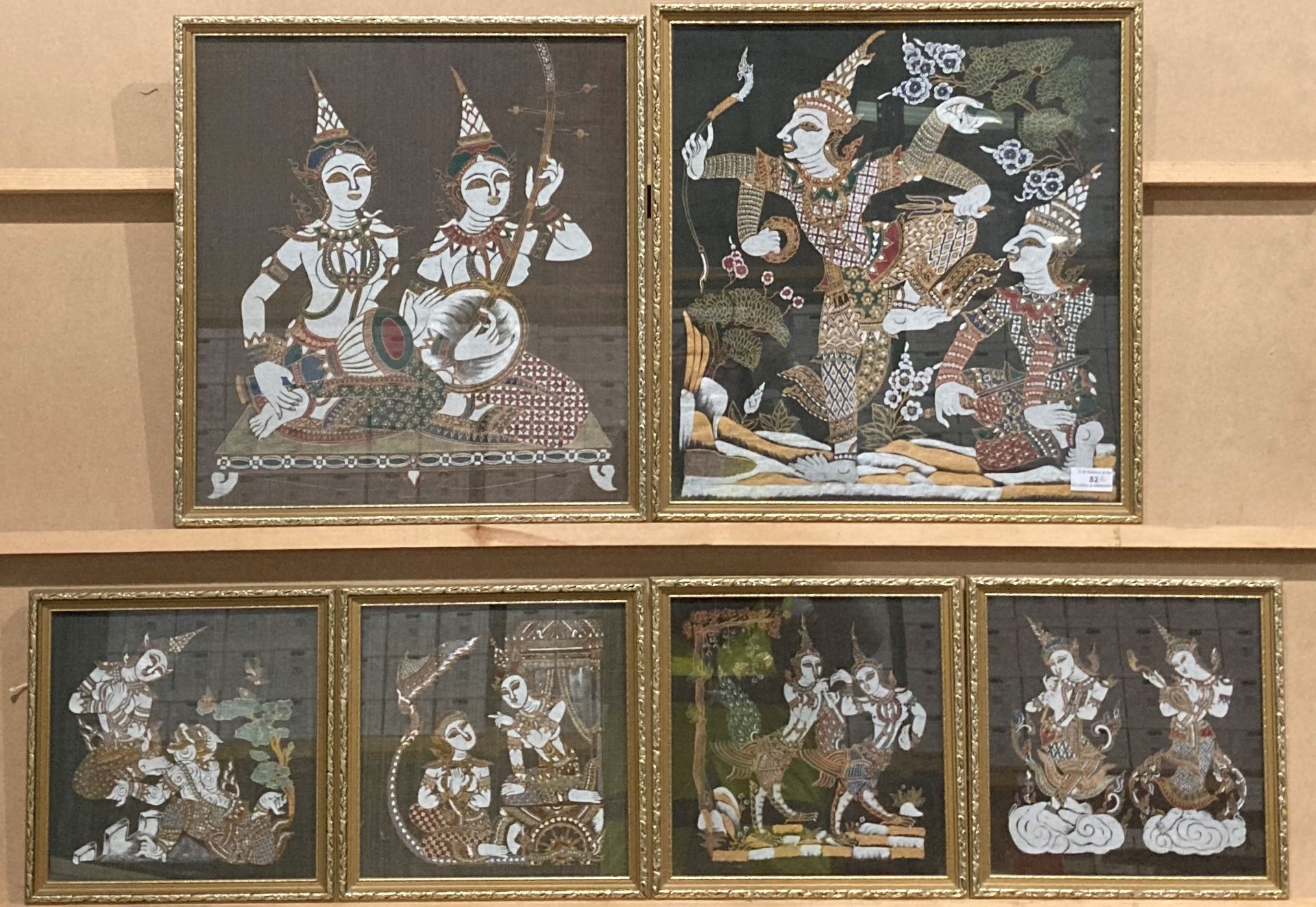 Two silk finish framed oriental prints, each 45cm x 42cm and four matching smaller prints,