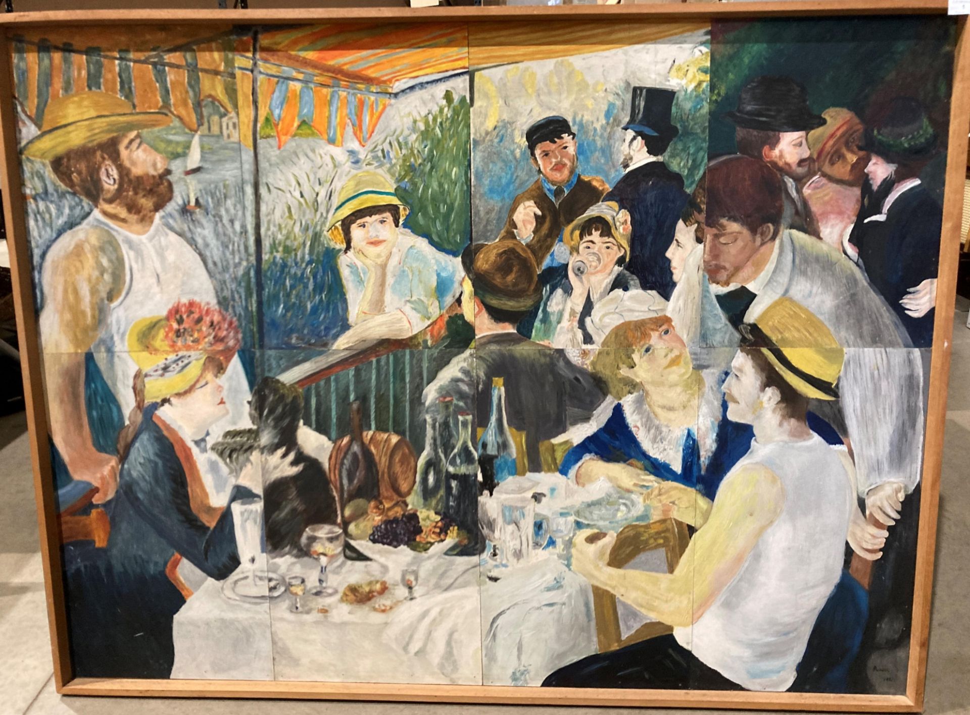 Oil on eight boards, a copy of Renoir's 'The Boating Party', not signed, in lightwood frame,