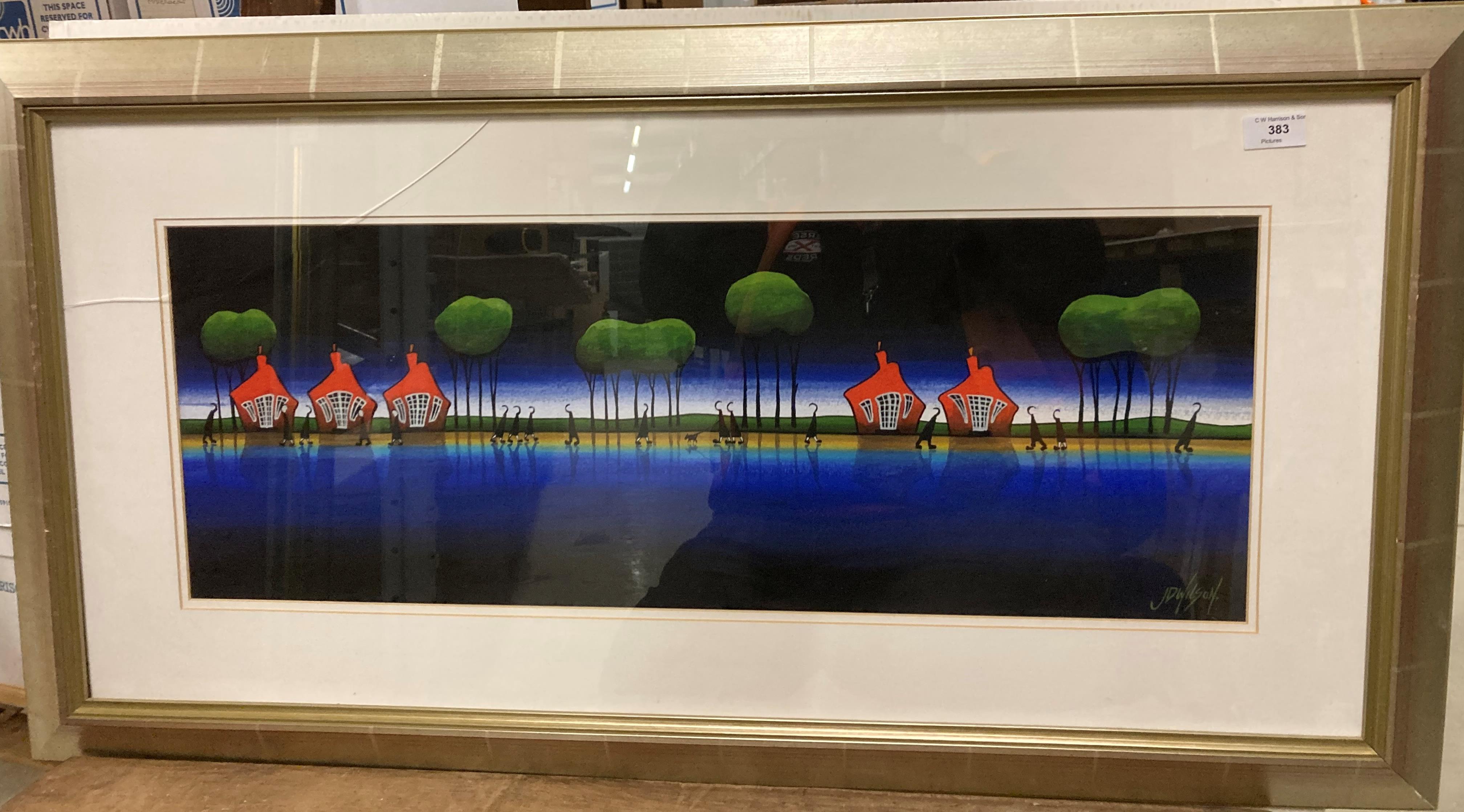 † J D Wilson framed oil on canvas 'Street Walking' (crack to glass) 44cm x 90cm (Saleroom location: