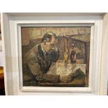 Unsigned, framed oil on board 'Man reading a newspaper in a pub',