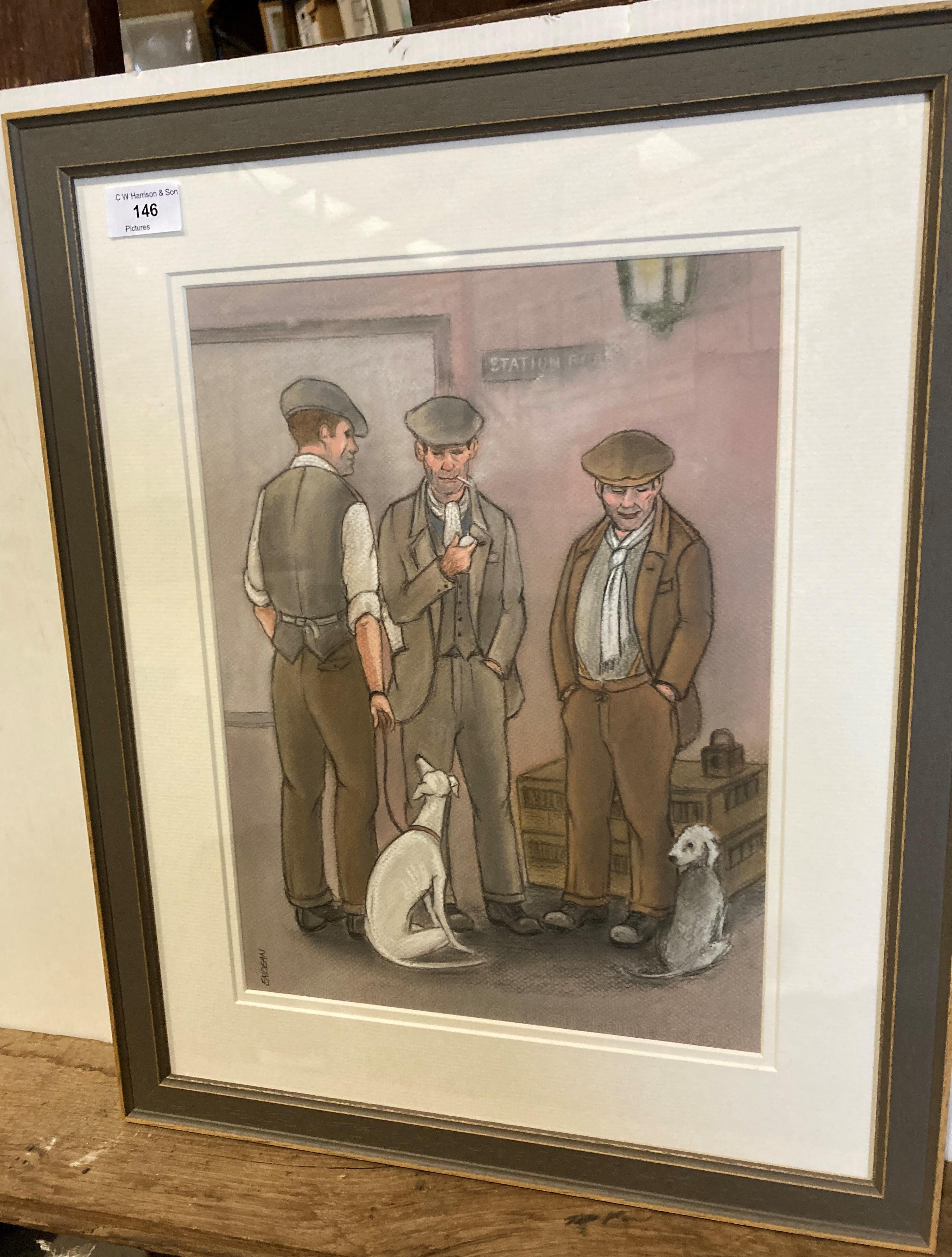 † Pete Endean framed pastel and watercolour 'Miners with their Dogs & Pigeons',