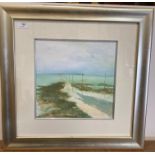 † Christine Vandenhaute framed picture (possibly acrylic) 'The Crossing to Holy Island',