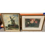 G Schmidt framed oil painting of a windmill 43cm x 35cm and E G Heddon framed watercolour 'Vase of