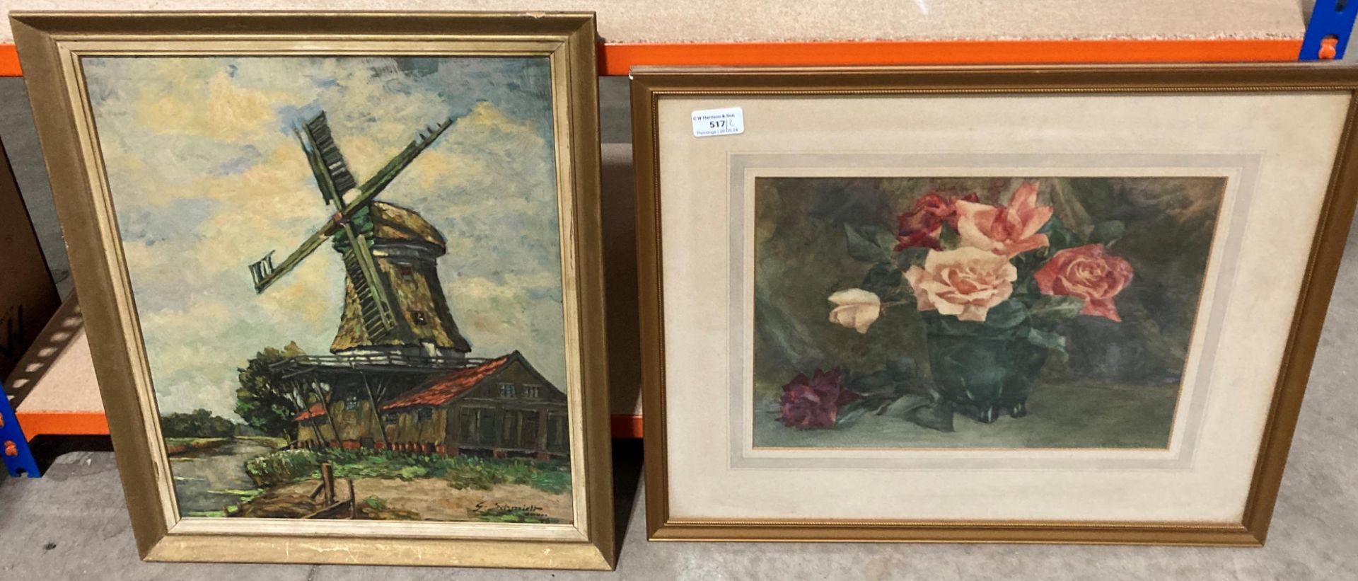 G Schmidt framed oil painting of a windmill 43cm x 35cm and E G Heddon framed watercolour 'Vase of