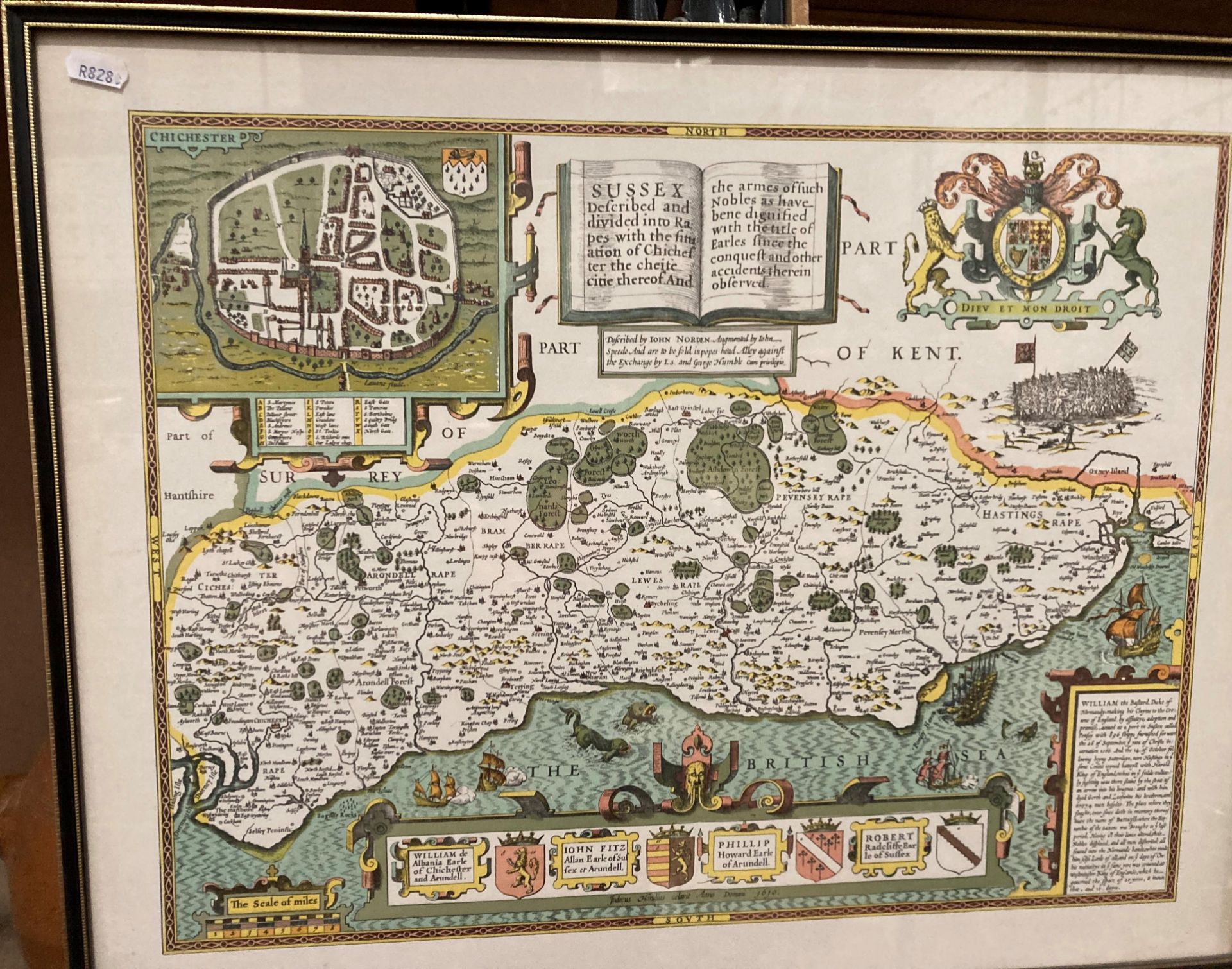 John Speede (1552-1629) framed reproduction map 'Wight Island' 38cm x 50cm and another 'Sussex' - Image 2 of 2