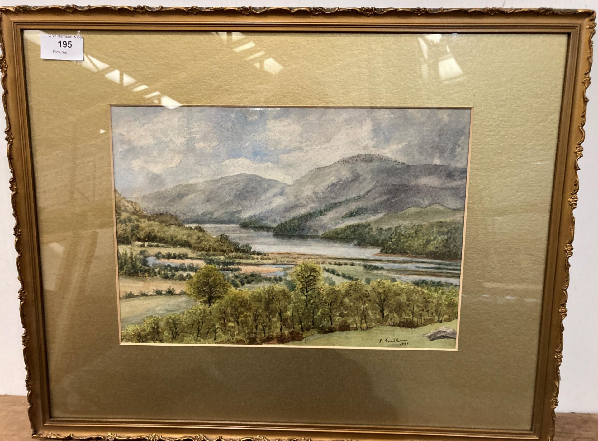 J Grabham? 1951 gilt framed watercolour 'Lake & Mountain Scene' 24cm x 33cm,
