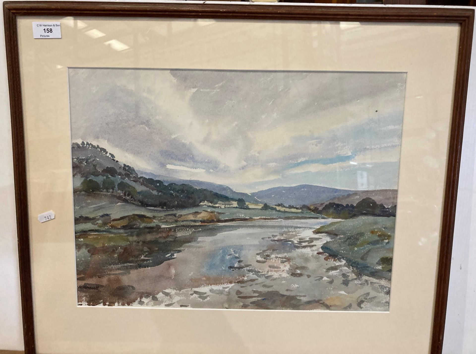 † W Horsnell (1911-1997) framed watercolour 'Thorpe in Wharfdale' 36cm x 47cm with part torn label