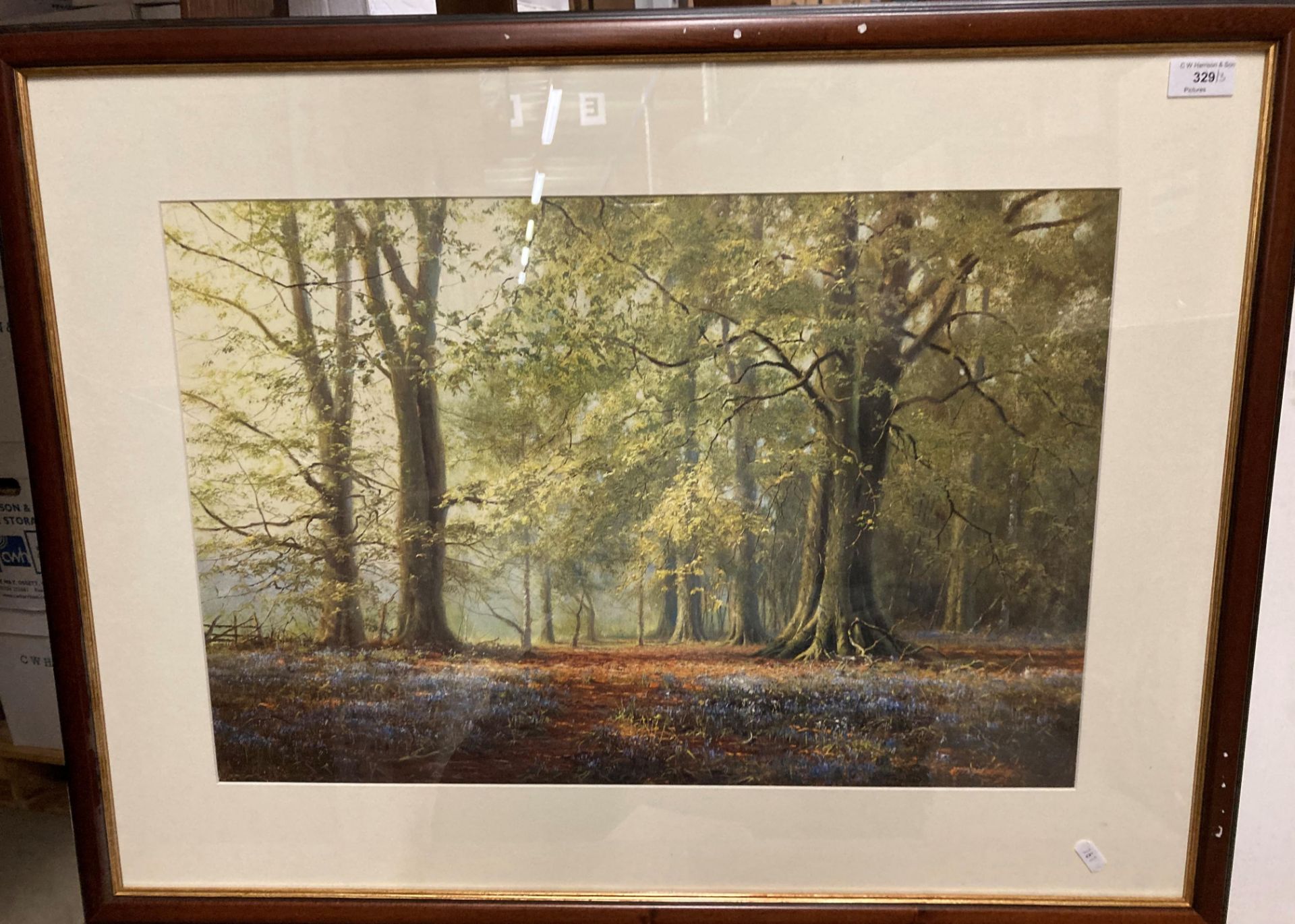 Three items - large framed print woodland scene 41cm x 60cm and two smaller framed prints including