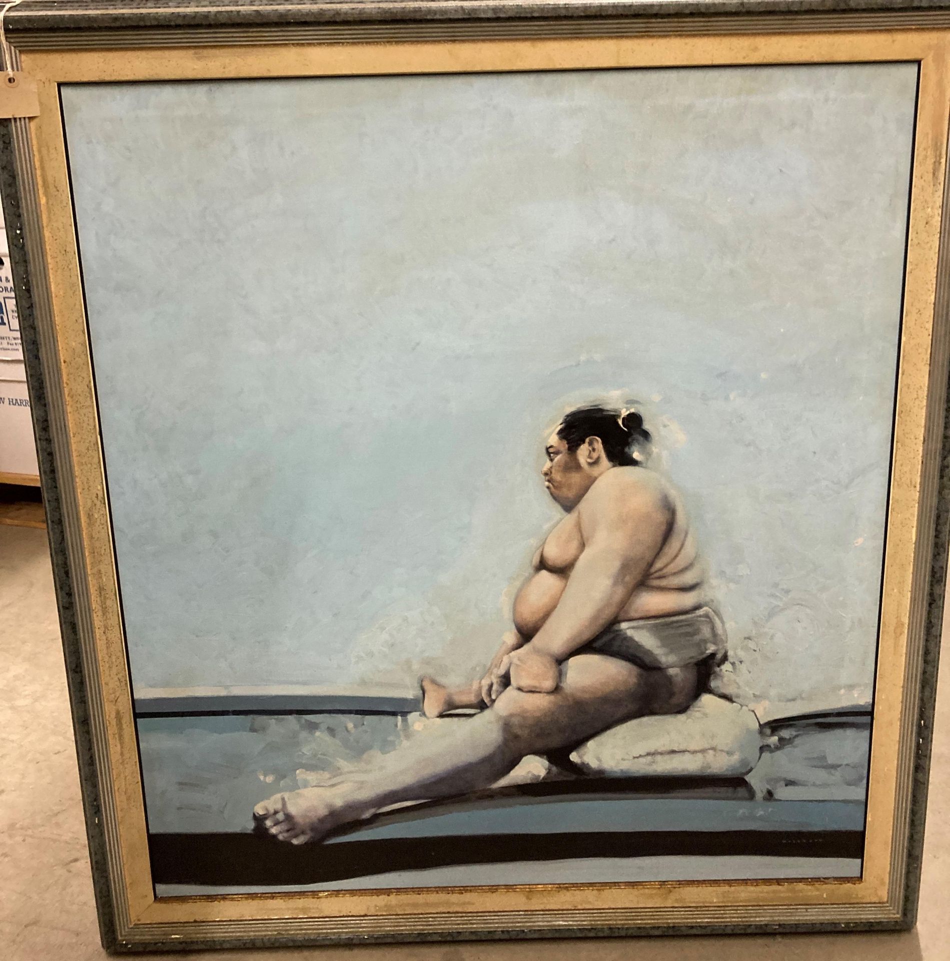 † Charles Willmott (1990) large framed oil on canvas 'Study of Sumo Wrestlers - Konishki' (The Dump