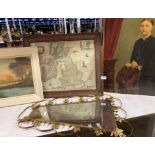 Six items - Carlos framed oil 'Oriental Cottages', small gilt framed mirror,