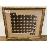 Framed coin display 1898-1988, mainly pennies,