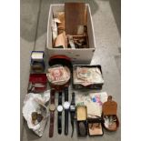 Contents to box - assorted stamps, coins, watches,