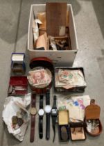 Contents to box - assorted stamps, coins, watches,