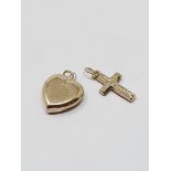 9ct gold vintage heart charm and a vintage 9ct gold cross charm, total gross weight 1.